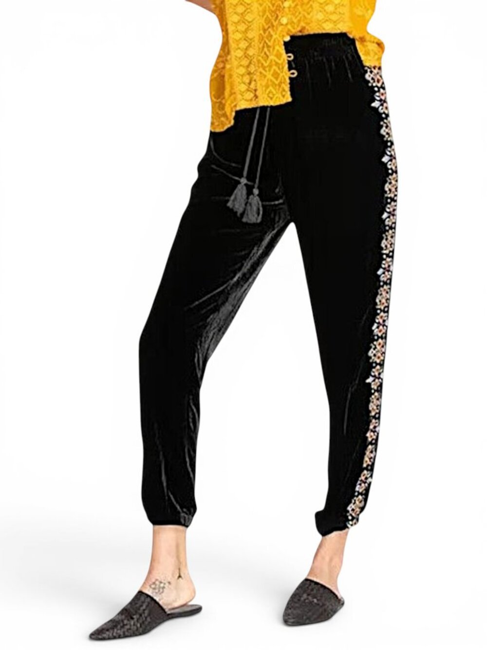 Johnny Was Black Velvet Embroidered Lempicka Easy Jogger Pants Boho New NWT M